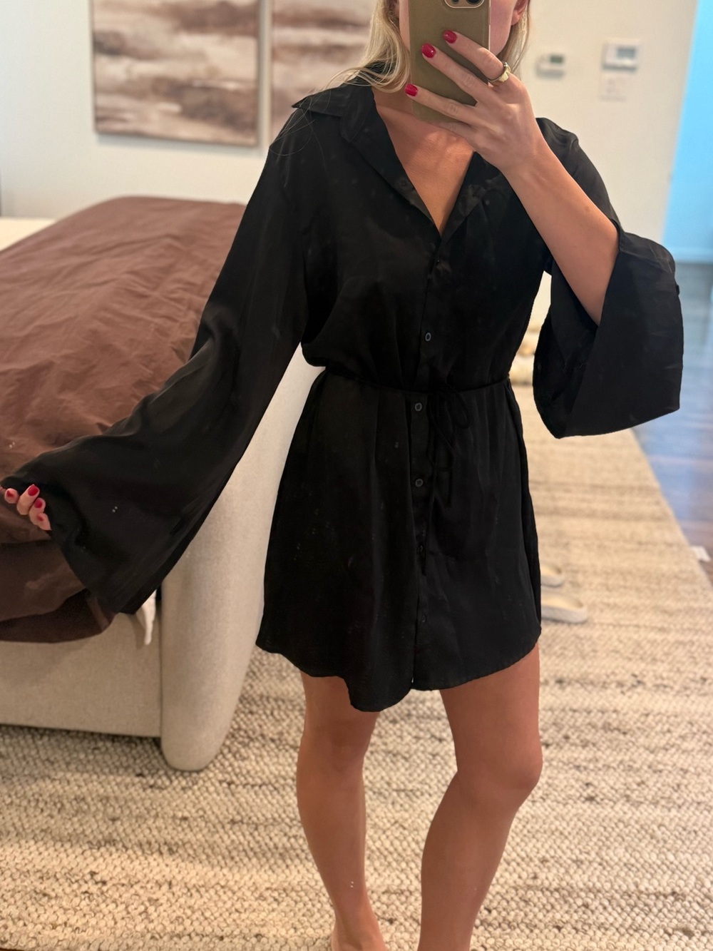 Black Button-Front Satin Robe Dress with Drawstring Waist